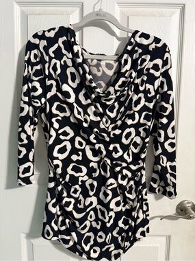 Chaus Black & White Leopard Print Long Sleeve Draped Top